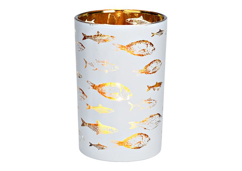 Windlicht Fisch Dekor aus Glas weiß, gold (B/H/T) 12x18x12cm