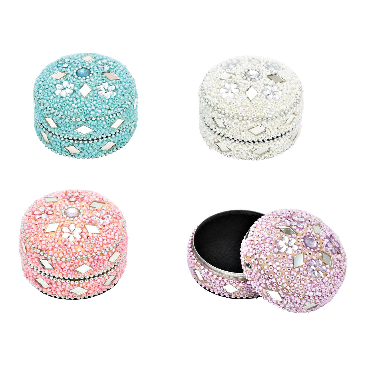 Box with glass beads decor made of metal white, purple, pink, blue 4-fold, (W/H/D) 6x4x6cm