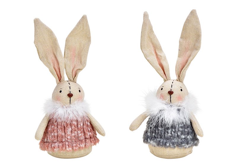 Bunny van textiel grijs, roze 2-voudig, (w/h/d) 13x27x8cm