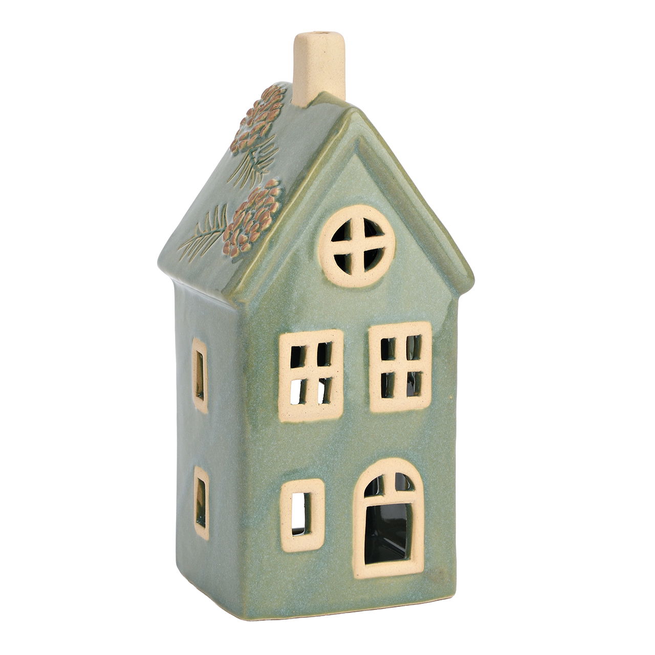 Windlicht Haus aus Steingut Grün (B/H/T) 9x19x7cm Keramikhaus, Miniaturhaus, Deko, Tür- Fenster, Grün