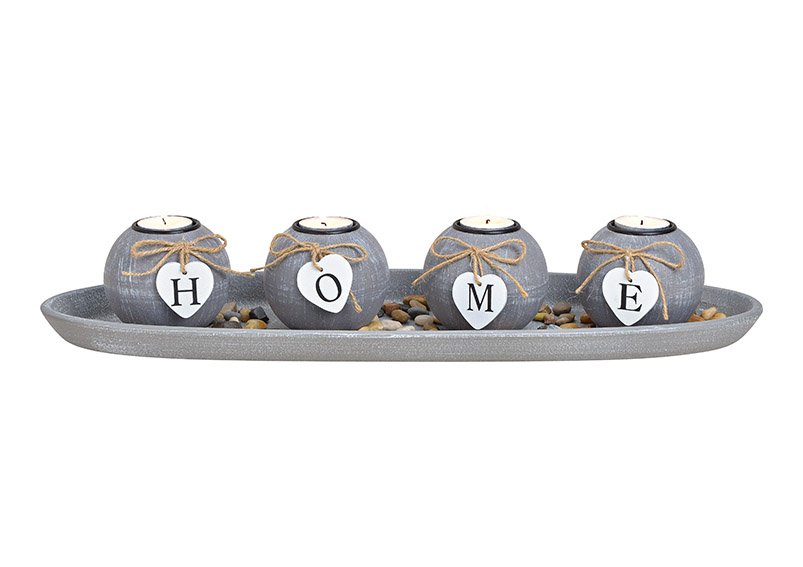 Tealight holder 4-set on tablet with stones ''home'' mdf grey 50x10x18cm