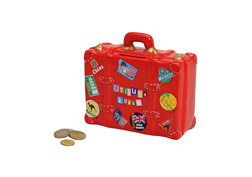 Money box suitcase w. sticker ceramic 14x6x13 cm