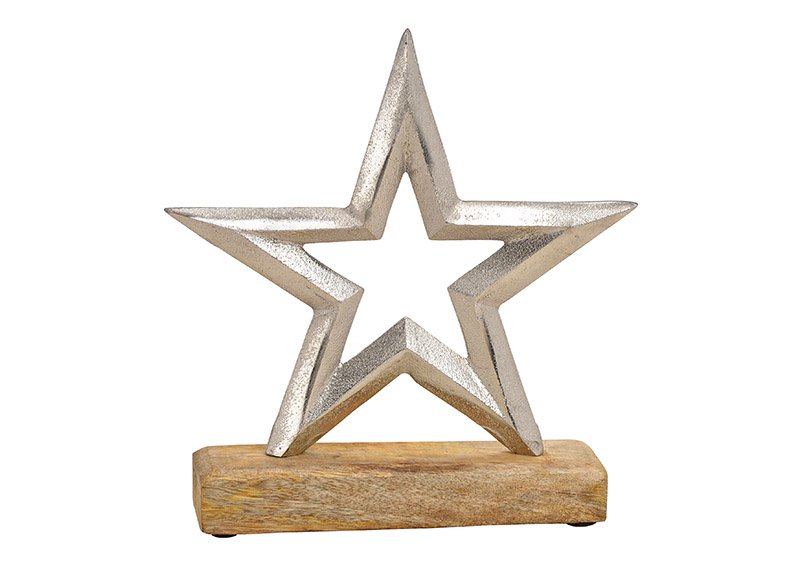 Aufsteller Stern auf Holzsockel aus Metall Silber (B/H/T) 21x21x5cm