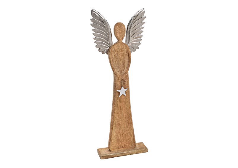 Angel, mango wood, with metal wings, star hanger, brown+silver color, (w/h/d) 23x70x8cm