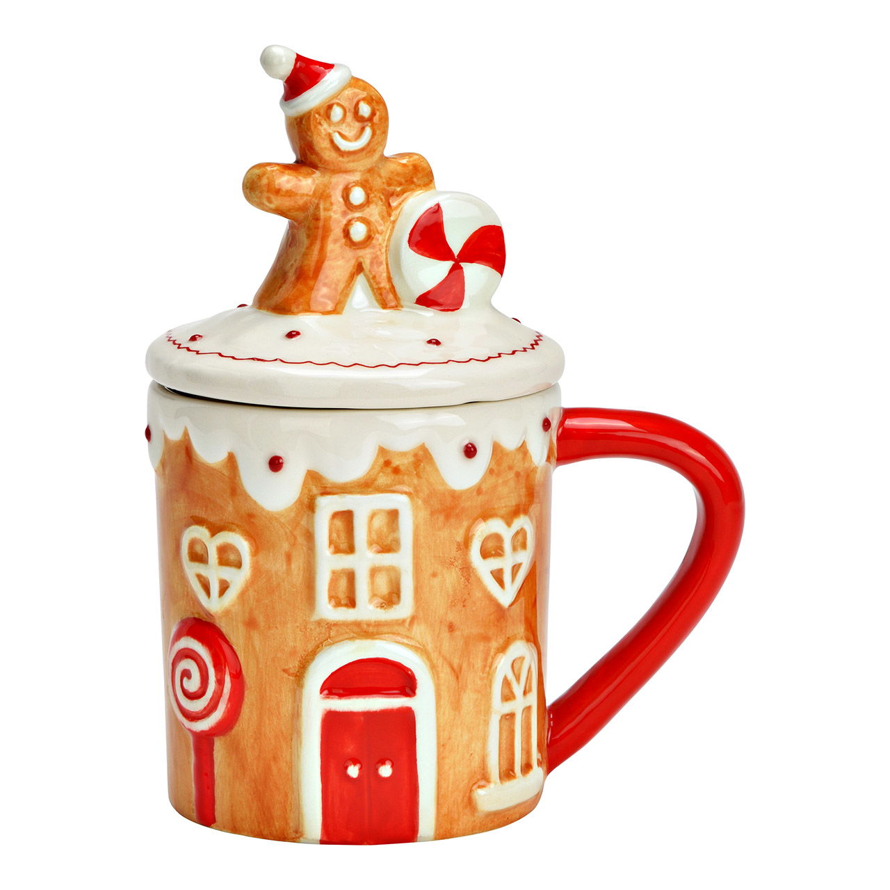 Jumbo mug gingerbread house decor with lid made of ceramic, brown/red (W/H/D) 13x17x9cm 450ml