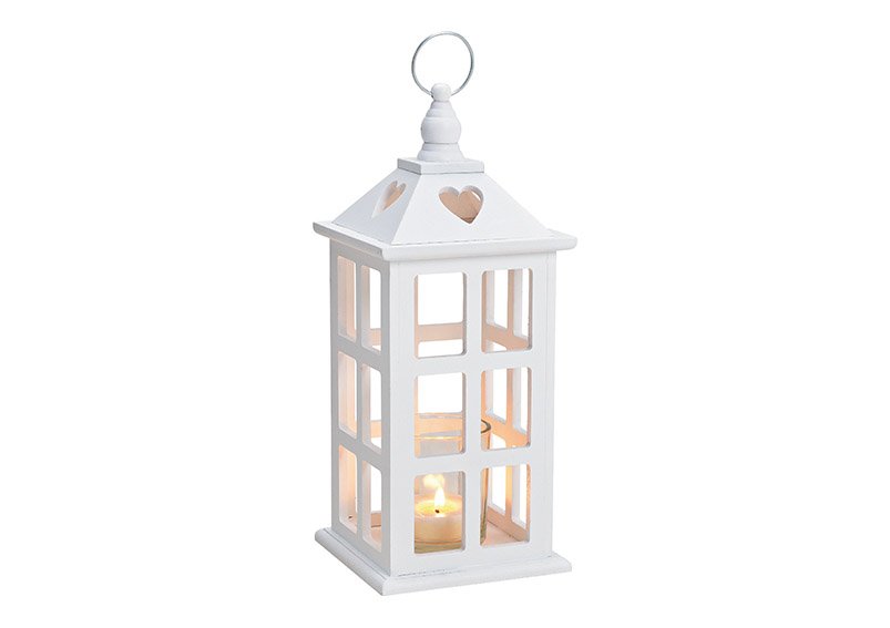 Lantern, tealight holder made of wood, glass white (w / h / d) 13x32x13cm