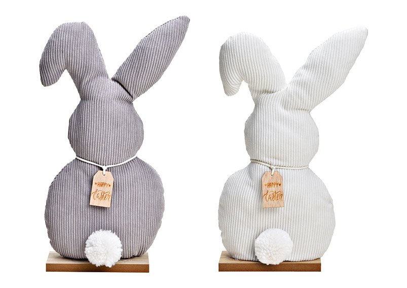 Bunny on wooden base of textile White, gray 2-fold, (W/H/D) 15x36x6cm
