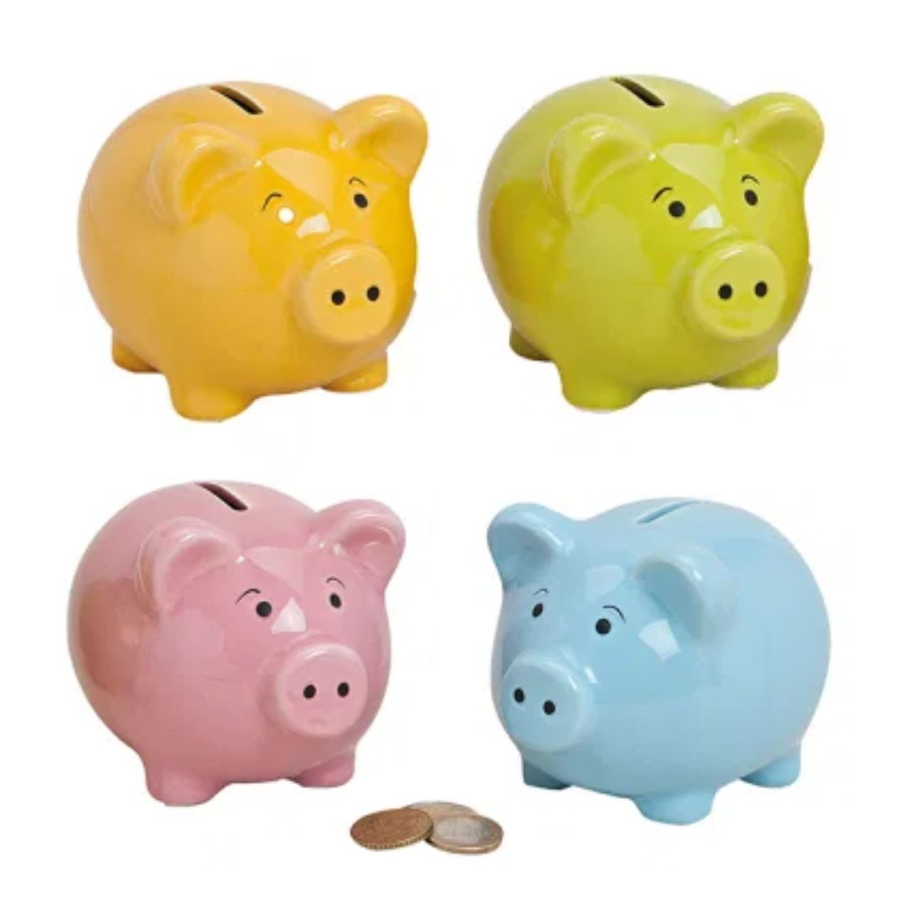 Spardose Schwein aus Keramik, 4-fach sortiert, B11 x T9 x H9 cm Schweinchen-Sparschwein, Sparbüchse, Hinzufügen Münzen, Buntes Sparschwein, Knetbares Design