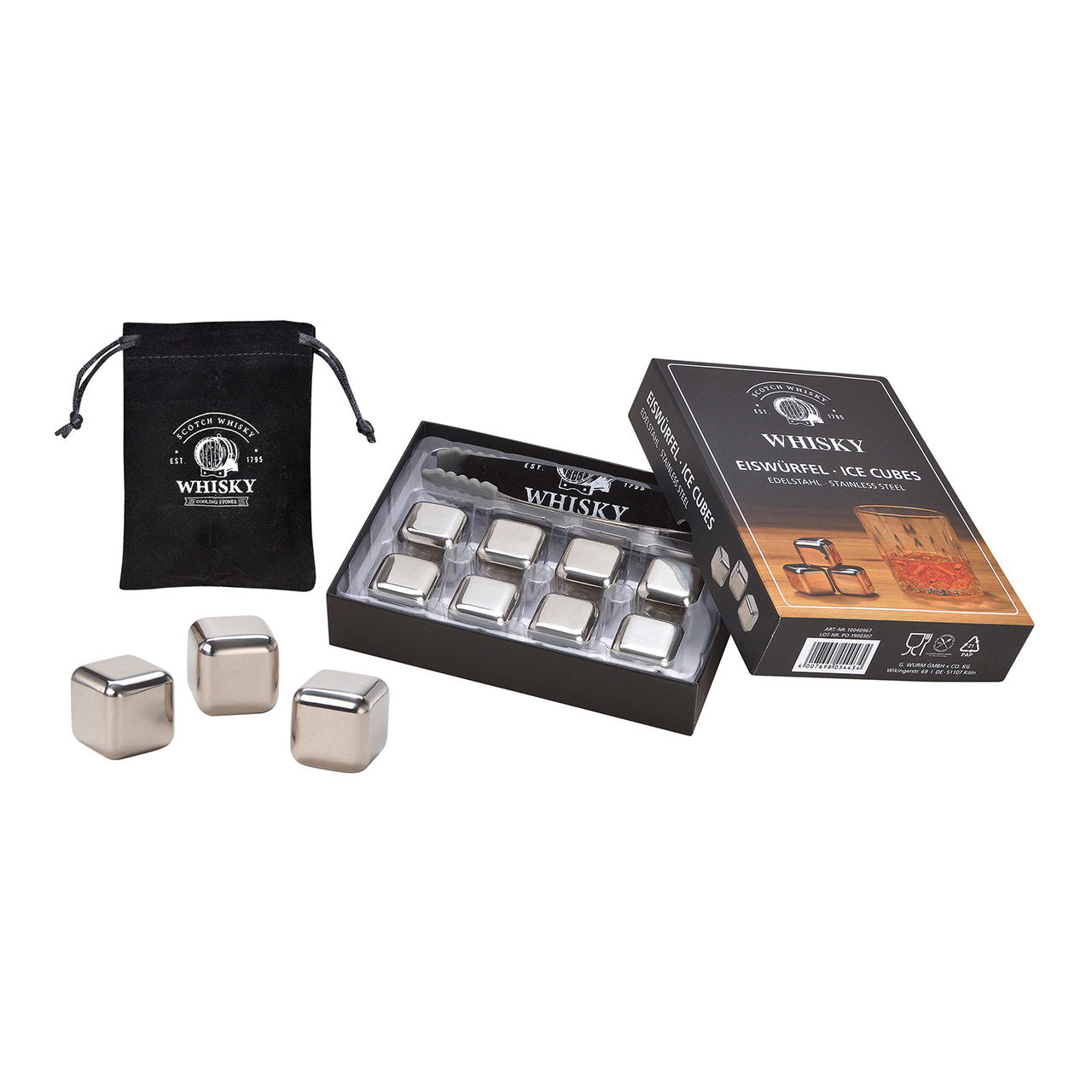 Set de glaçons whisky en acier inoxydable, 2,7cm, 8 cubes avec pince