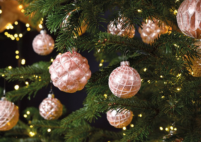 Weihnachtskugel Glitter aus Glas, 4-fach, Pink/Silber Ø6cm