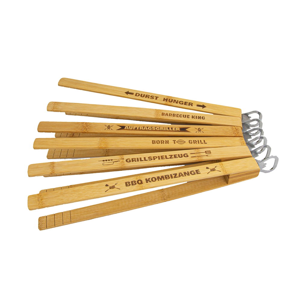 Grillzange mit Flaschenöffner, 6 Motive, Holz, 33x2cm, 1 Stck, natur