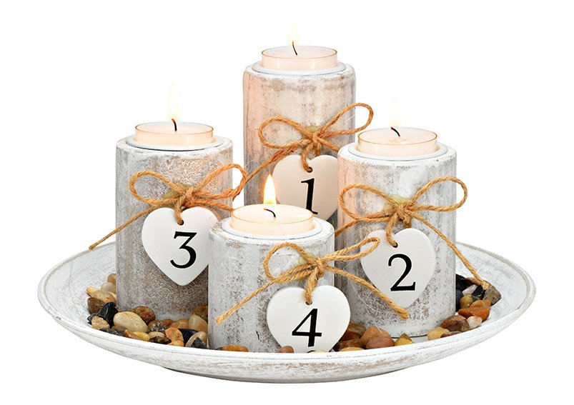 Arrangement de l'Avent, 4 porte-bougies à chauffe-plat 6cm,9cm 12cm H x 6cm dia, avec pierre décorative 60g, plateau 25x3x25 cm, set de 6, en bois blanc (L/H/P) 25x12x25cm