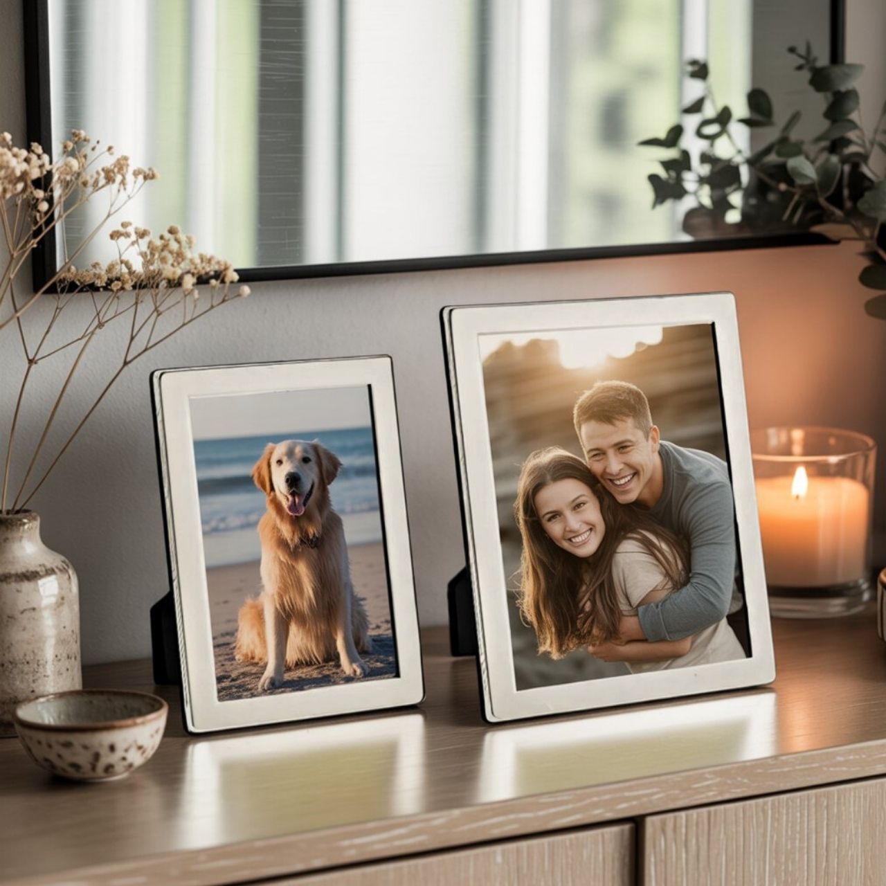 Fotorahmen versilbert für 15x20cm Fotos aus Metall (B/H/T) 18x23x1cm Seite, Text