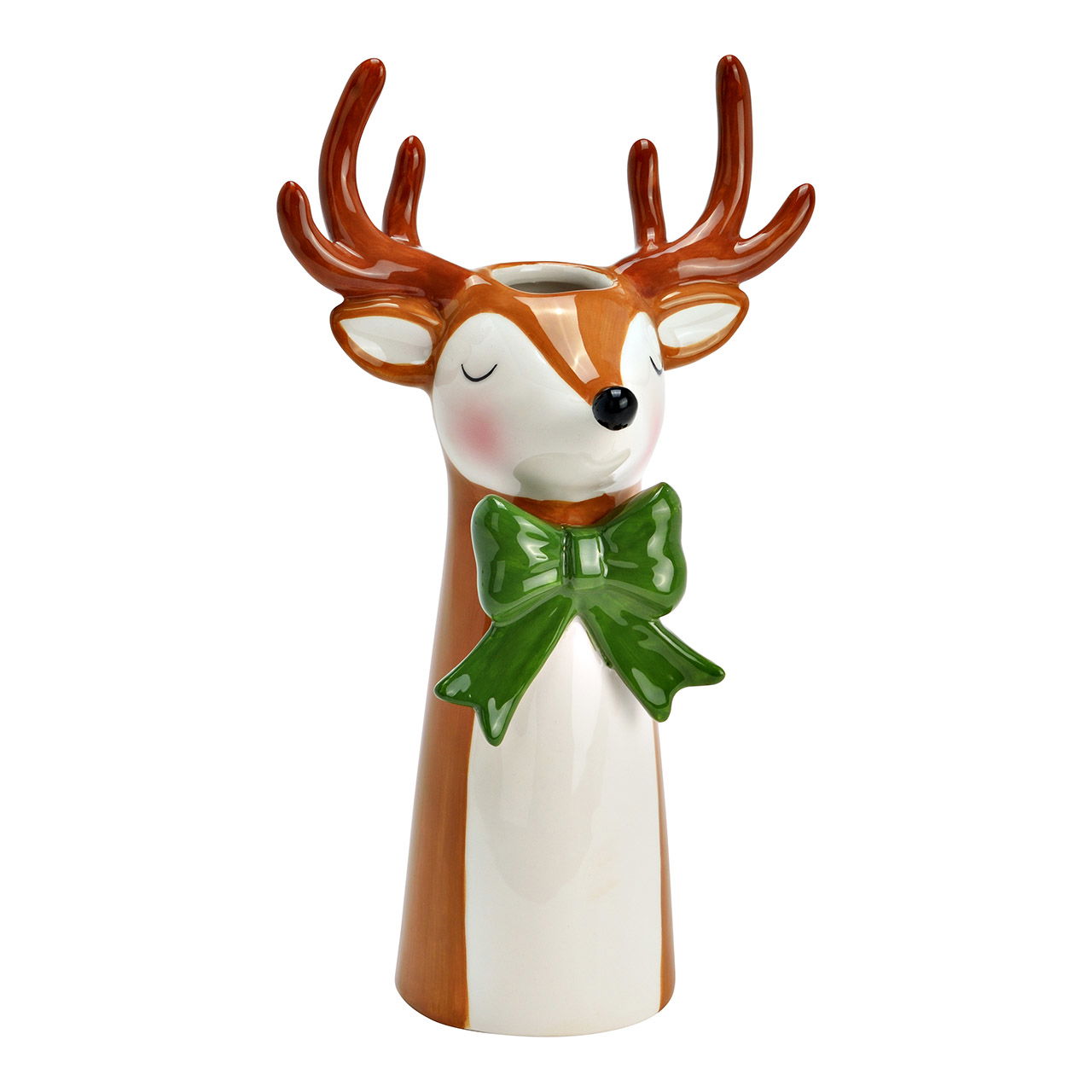 Ceramic vase deer with bow, brown/green/white (W/H/D) 14x24x10cm