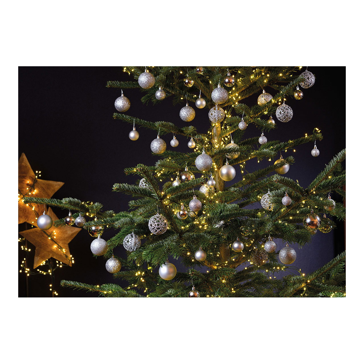 Weihnachtskugeln aus Kunststoff, 50er-Set, Silber Ø3/4/6cm (B/H/T) 23x18x12cm Baum, Weihnachten, Weihnachtsdekorationen, Festival, Weihnachtsbaum