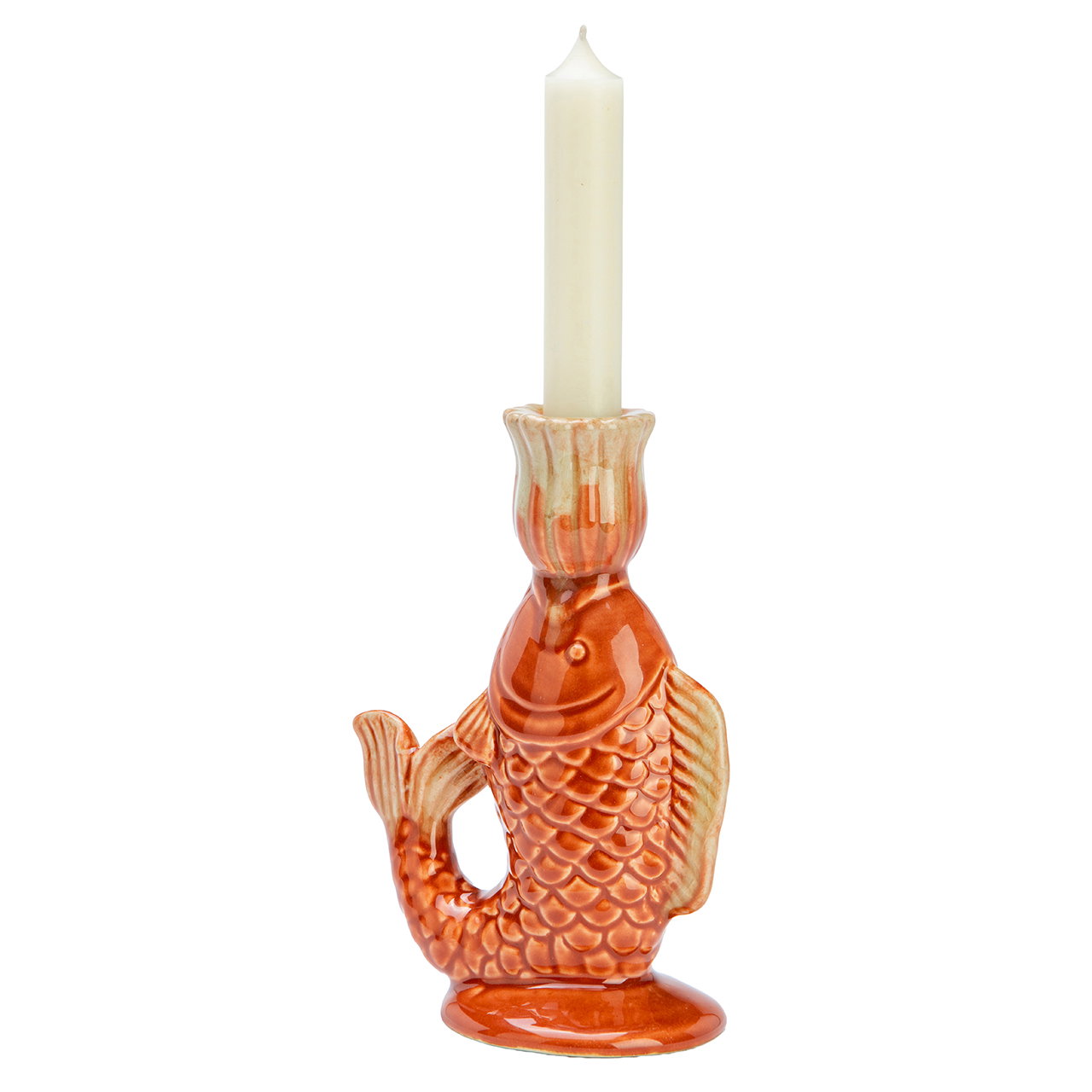 Karpfen-Teelicht, Kerzenhalter, Kerzenhalterfigur, Kerzenbehälter, orange-weißer Fisch