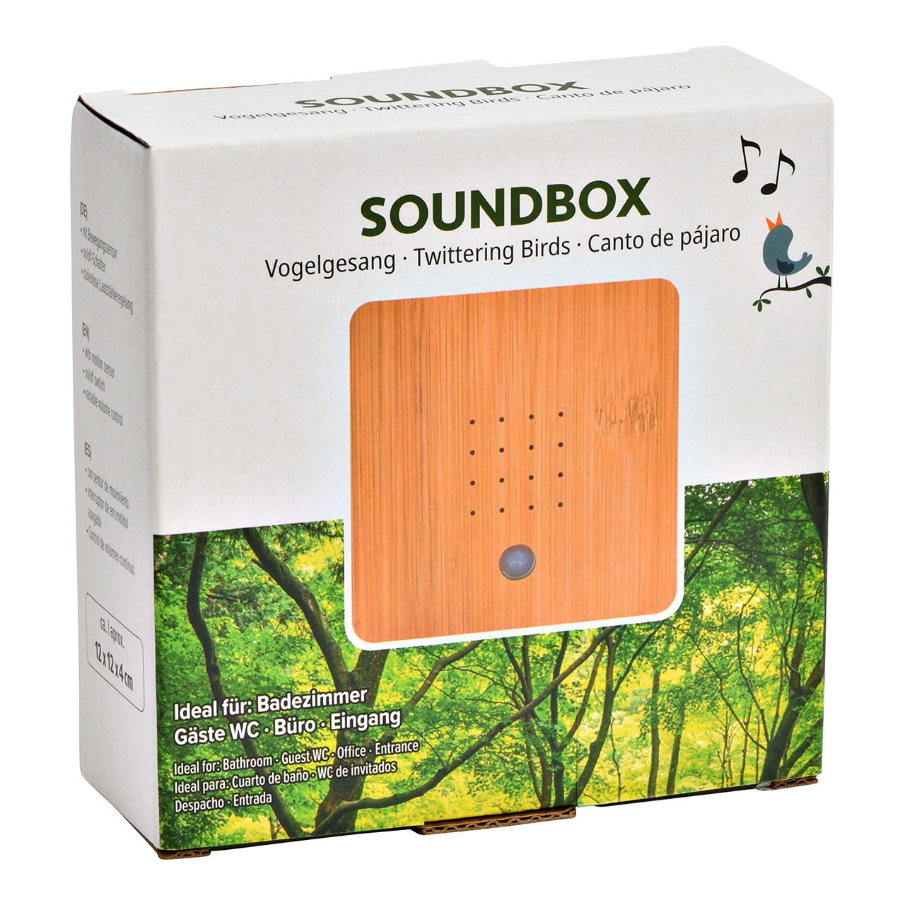 Soundbox birdsong made of plastic matt white with bamboo front brown (W/H/D) 12x12x4cm Battery operation 3xAAA not included Soundbox birdsong made of plastic matt white with bamboo front brown (W/H/D) 12x12x4cm Battery operation 3xAAA not included