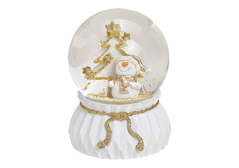 Glitter ball snowman poly, glass white/gold 10x15x10cm