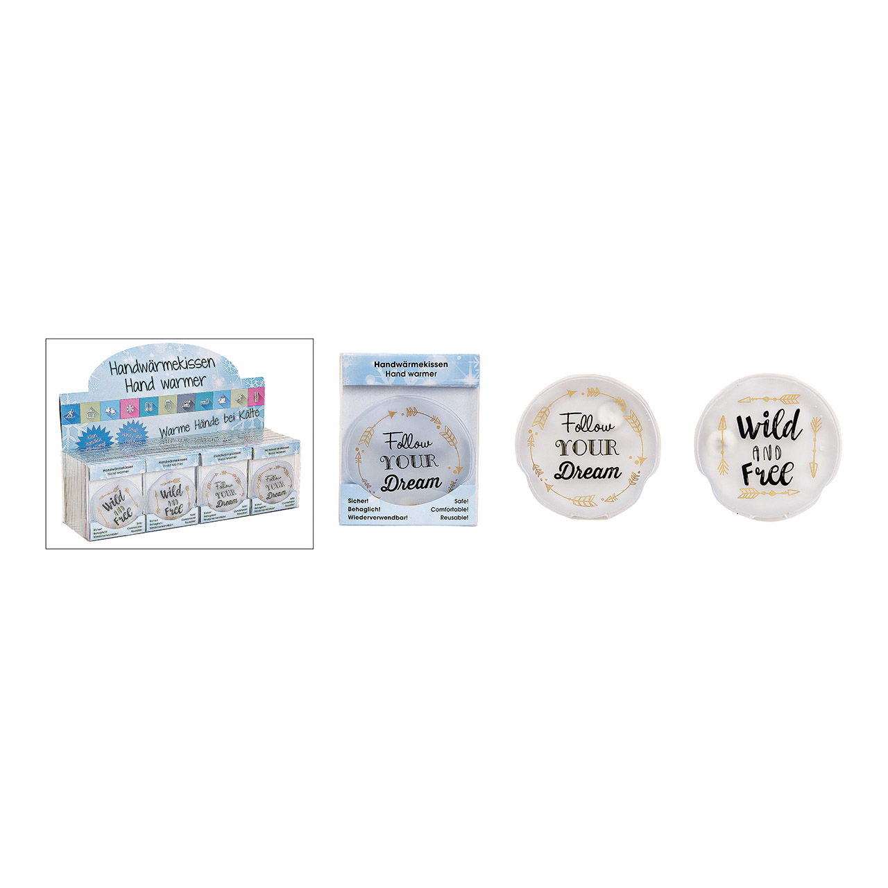 Pocket warmer spreuken -Wild and Free- + -Follow your dream- gemaakt van plastic Zwart 2-vouwig, (B/H/D) 9x9x1cm