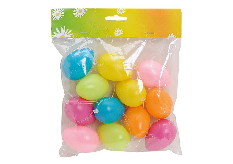 Egg set for hanging, plastic, colourful, set of 12 pcs (4x6x4cm) (w/h/d) 18x18x4cm
