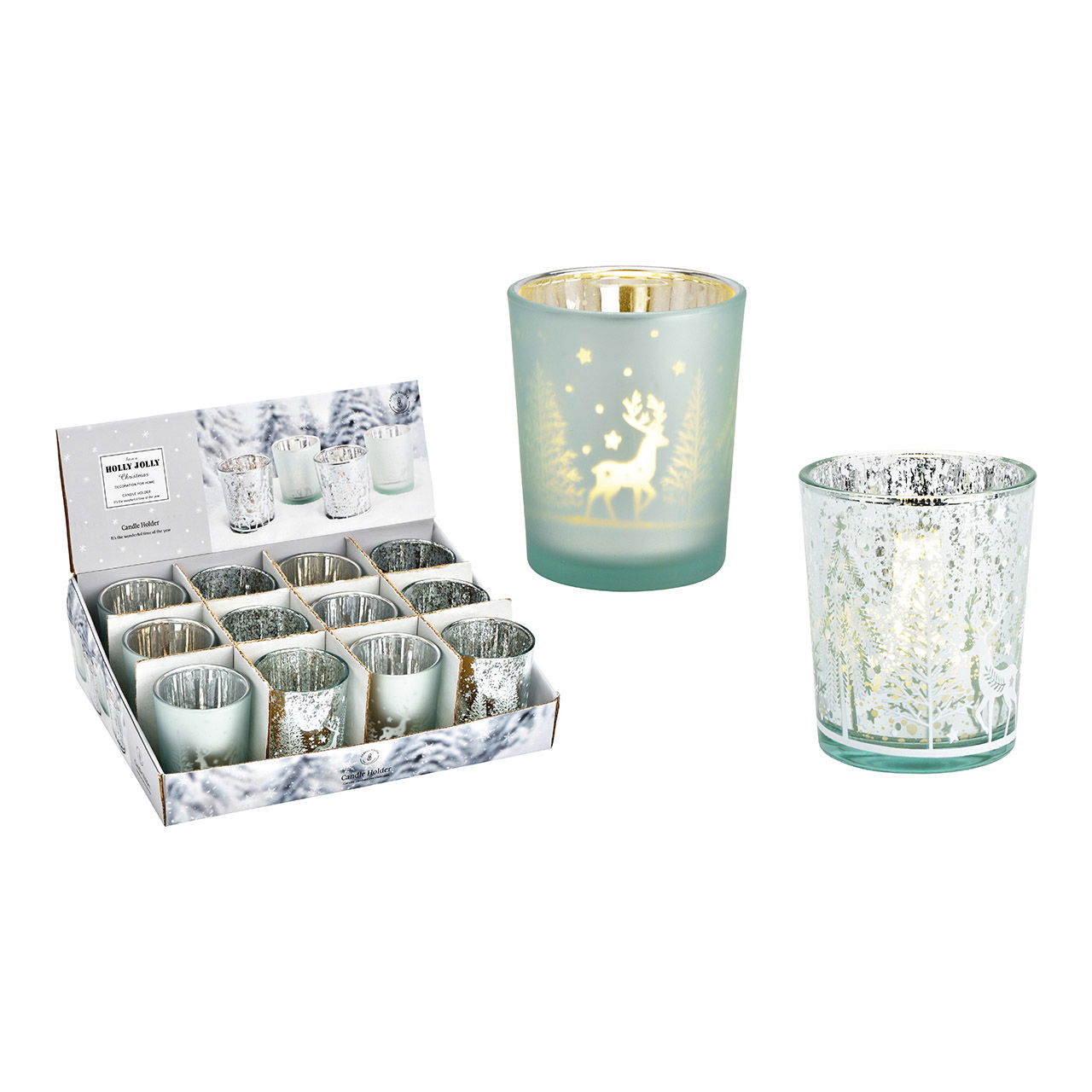 Windlicht Winterszene aus Glas silber 2-fach, (B/H/T) 6x7x6cm 12er DIsplay, 25x14x17cm Windlicht Winterszene aus Glas silber 2-fach, (B/H/T) 6x7x6cm 12er DIsplay, 25x14x17cm