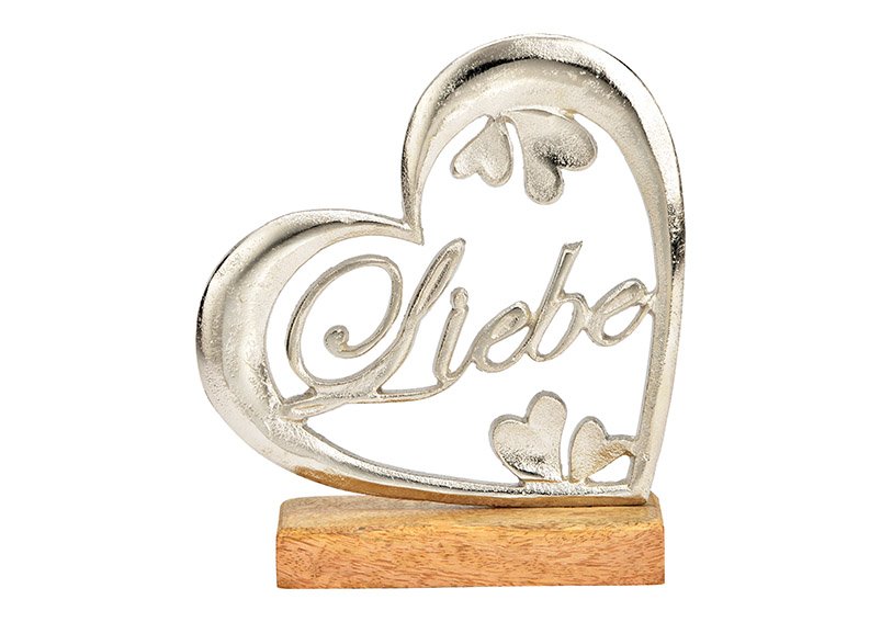 Présentoir cœur d'amour en métal argenté sur socle en bois de mangue (L/H/P) 18x20x5cm