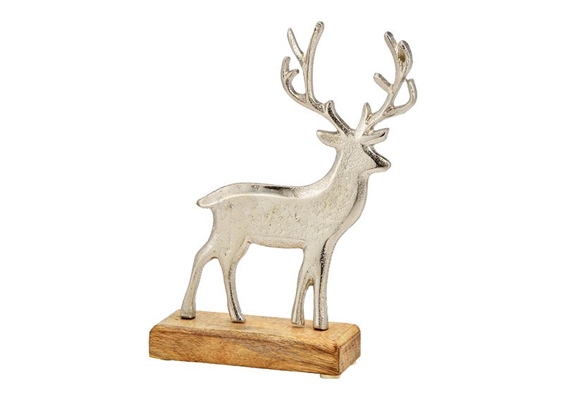 Deer on mango wood base of metal silver (W/H/D) 17x22x5cm