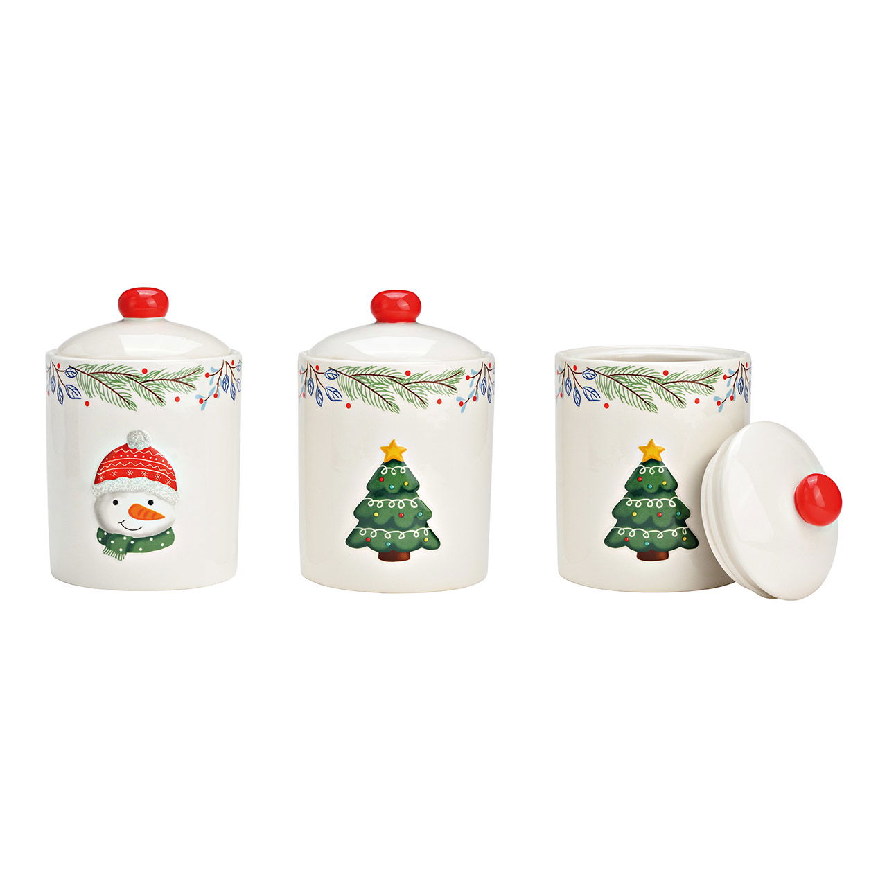 Boîte, sapin, bonhomme de neige en céramique multicolore 2 fois, (L/H/P) 14x20x14cm Boîte, sapin, bonhomme de neige en céramique multicolore 2 fois, (L/H/P) 14x20x14cm