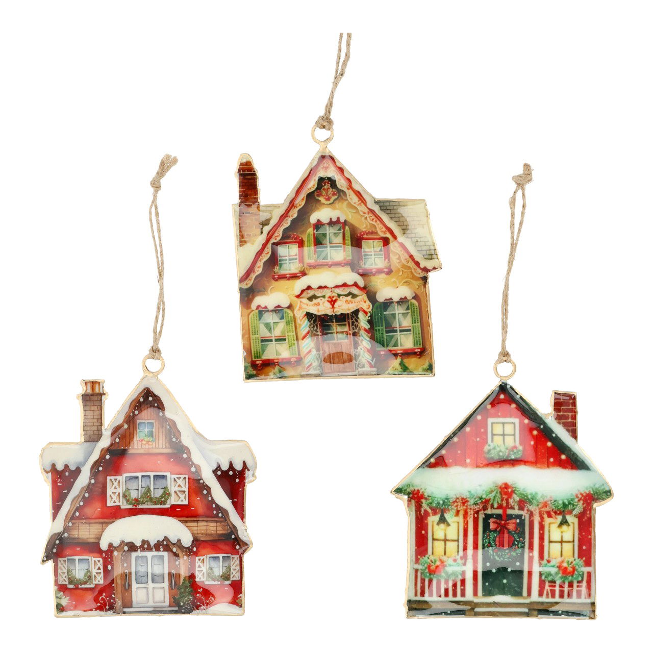 Weihnachtshänger Haus aus Metall Bunt 3-fach sortiert (B/H/T) 9x10x1cm Zubehor, Essen, Süßigkeiten