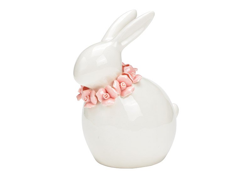 Coniglietto con corona di fiori in ceramica bianca (L/H/D) 12x15x8cm