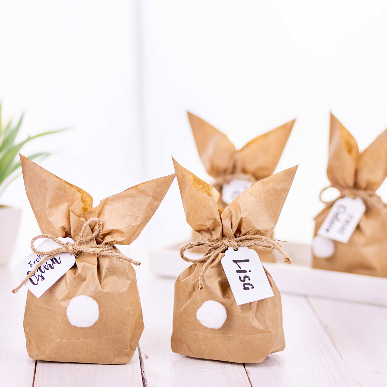 Paashaas zakjes met ponpom DIY papier/karton knutselset, set van 12, bruin/wit (B/H/D) 22x14x1cm Zubehor, Tasche, Handtasche