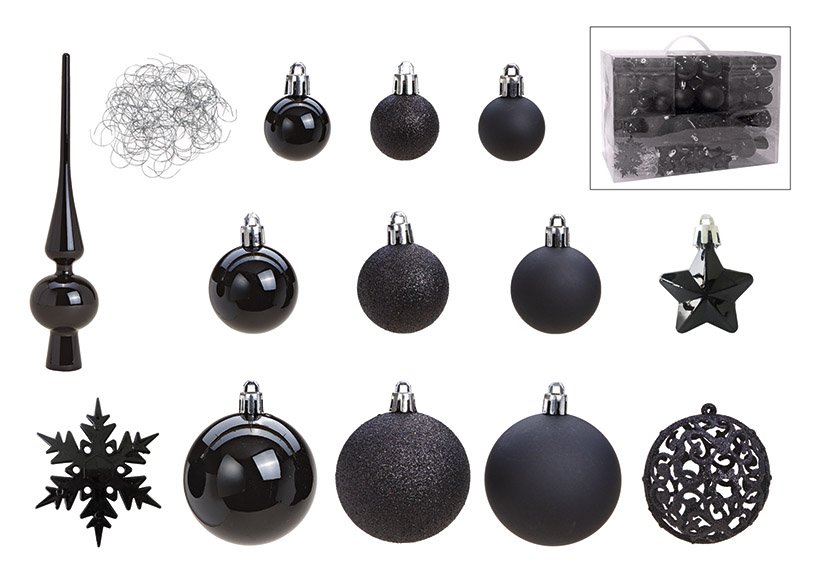 Juego de bolas de Navidad de plástico Negro Juego de 111, (c/h/d) 36x23x12cm Ø 3/4/6 cm