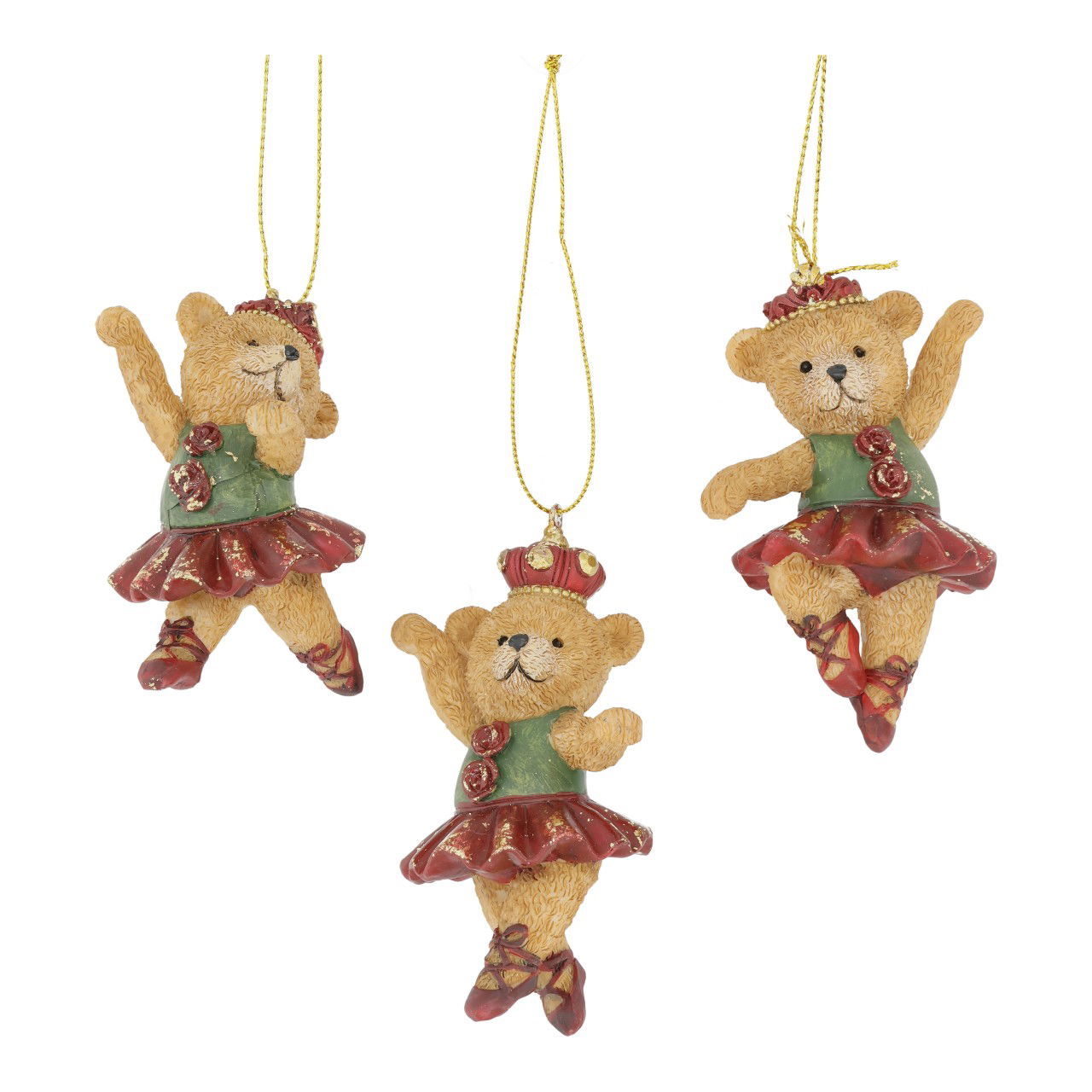 Weihnachtshänger Ballett Bär aus Poly Bordeaux 3-fach sortiert (B/H/T) 5.5x9.5x5cm Teddy bear Ornament, Christbaumdeko, Ballettkleid, goldenes Band, Glitzerroter Rock