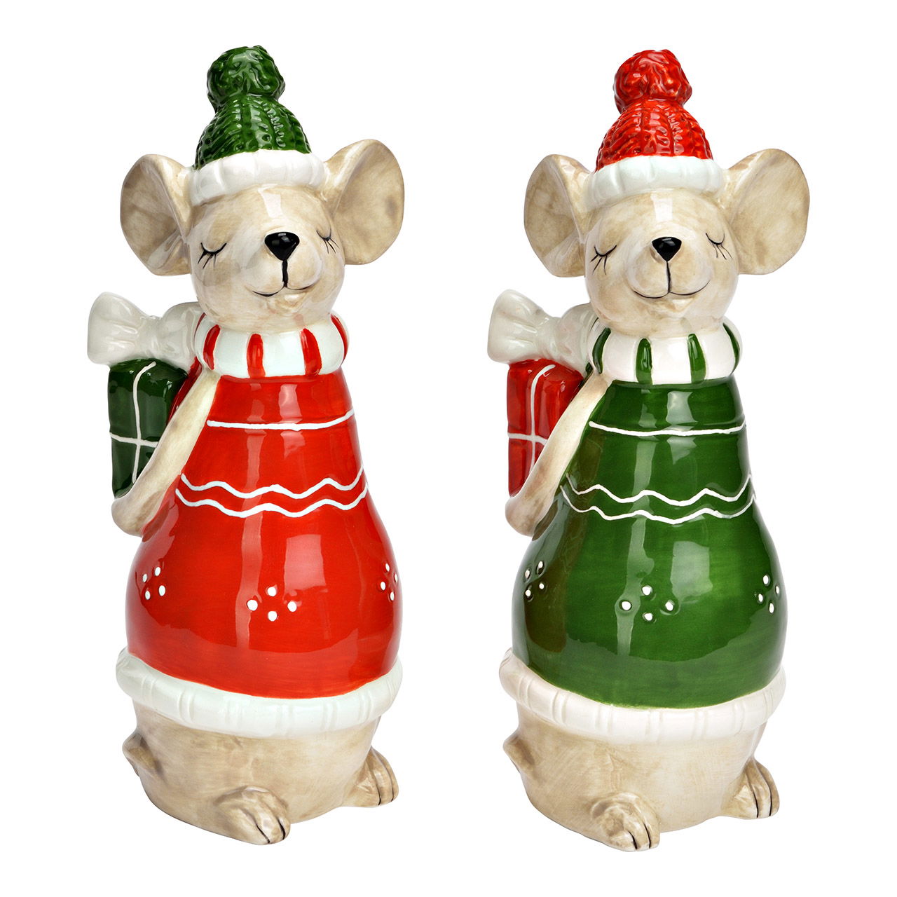 Maus mit Geschenk aus Keramik, 2-fach, Grün/Rot (B/H/T) 9x15x7cm
