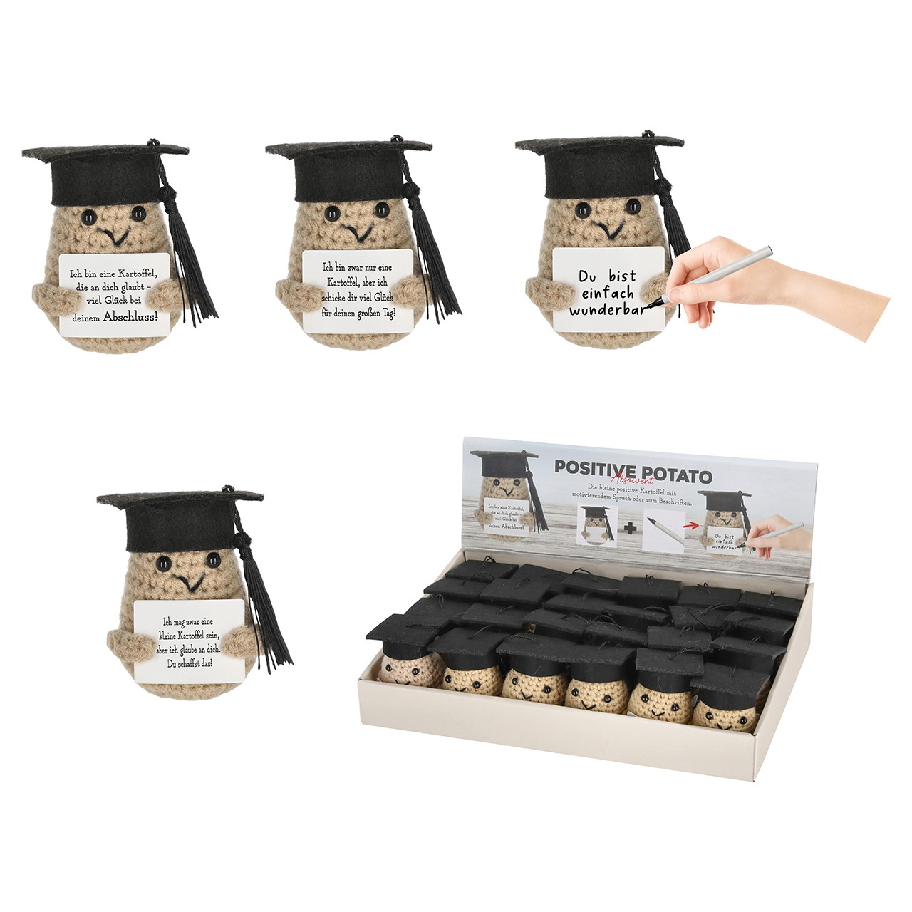 Positive Potato Häkelkartoffel Absolvent mit Spruch/selber Beschriften aus Textil, 4-fach, Schwarz/Braun (B/H/T) 4x7x4cm 24er-Display Positive Potato Häkelkartoffel Absolvent mit Spruch/selber Beschriften aus Textil, 4-fach, Schwarz/Braun (B/H/T) 4x7x4cm 24er-Display