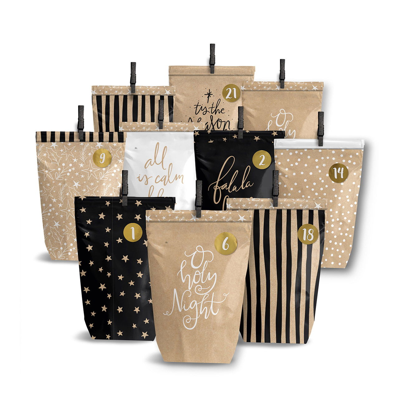 Adventskalender van inpakpapier/hout, 24 bedrukte zakjes met clips (B/H) 14x22cm, bruin/zwart, 72 stuks (B/H/D) 20x22x1cm Adventskalender van inpakpapier/hout, 24 bedrukte zakjes met clips (B/H) 14x22cm, bruin/zwart, 72 stuks (B/H/D) 20x22x1cm