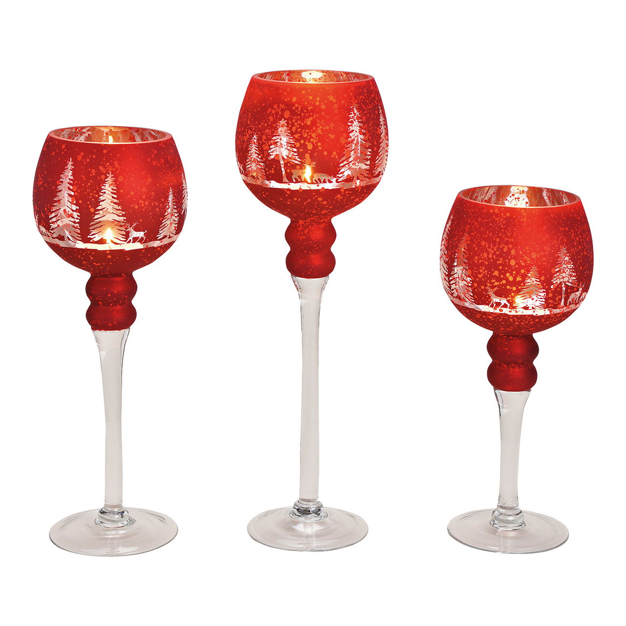 Windlicht Set Kelch, Winterwald Dekor Rot 30, 35, 40cm x Ø13cm aus Glas 3er Set