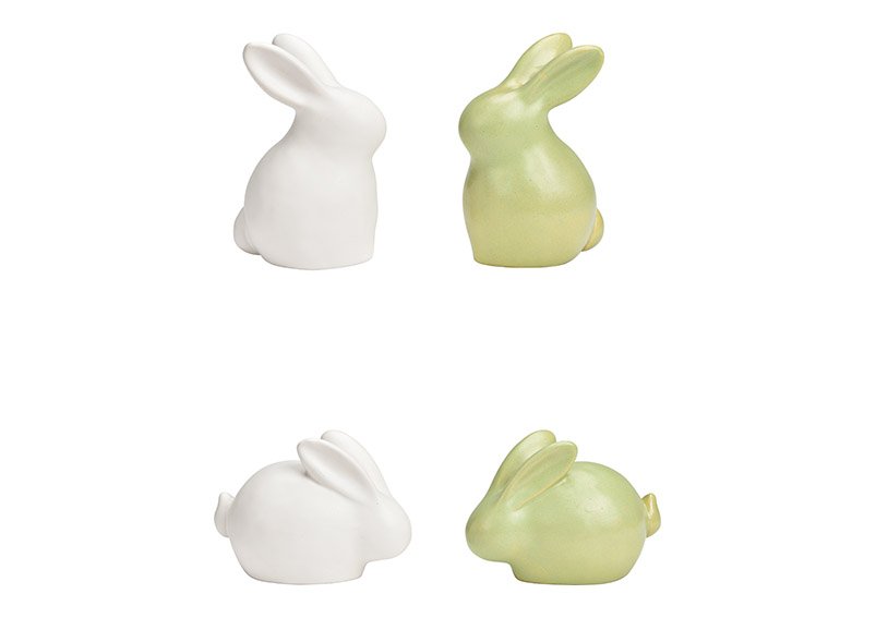 Coniglietto in ceramica verde, bianco opaco 4 pieghe, (L/H/D) 7x10x6cm