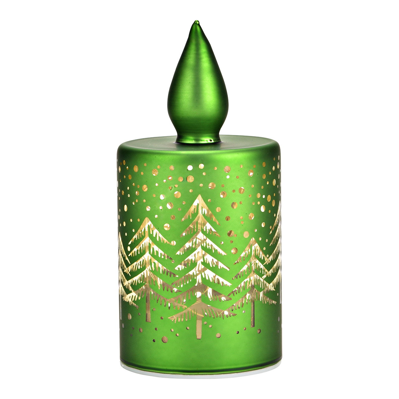 Vela con luz LED, decoración de bosque invernal de cristal, verde (A/A/A) 7x15x7cm con temporizador, funcionamiento con pilas 3xAAA no incluidas Flasche