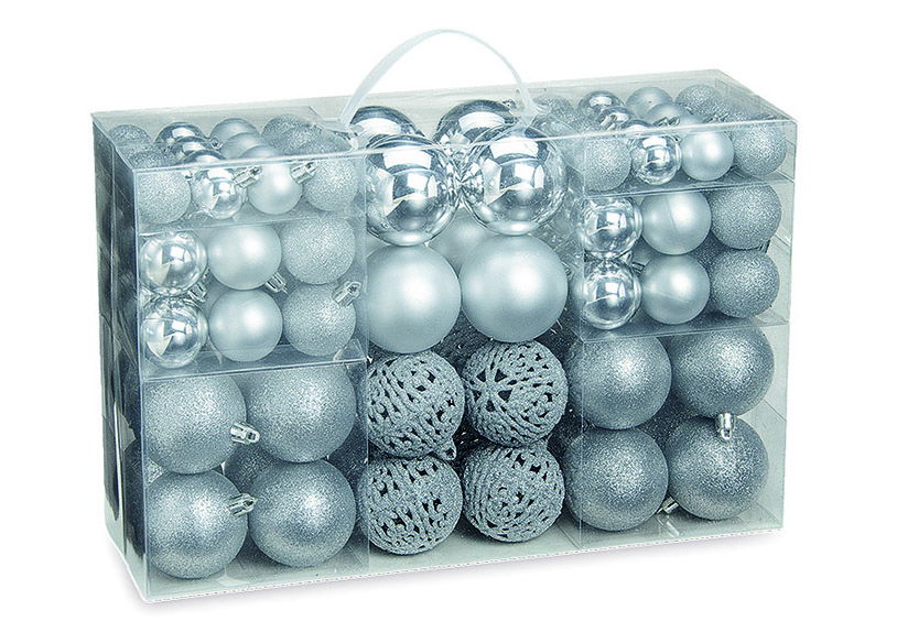 Boules de Noël en plastique, set de 100, argent Ø3/4/6cm (L/H/P) 23x35x12cm