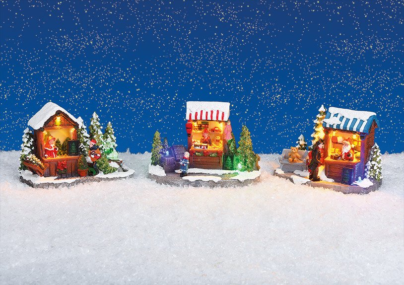 Weihnachtsmarkt Stand mit Beleuchtung aus Poly Bunt 3-fach, (B/H/T) 13x10x7cm 9Stk. im Display