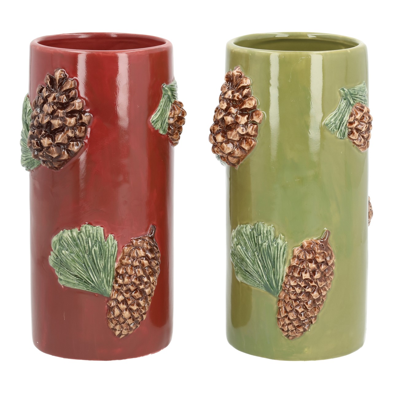 Vase, Keramik, Kieferzapfen, grüne Glasur, rote Glasur