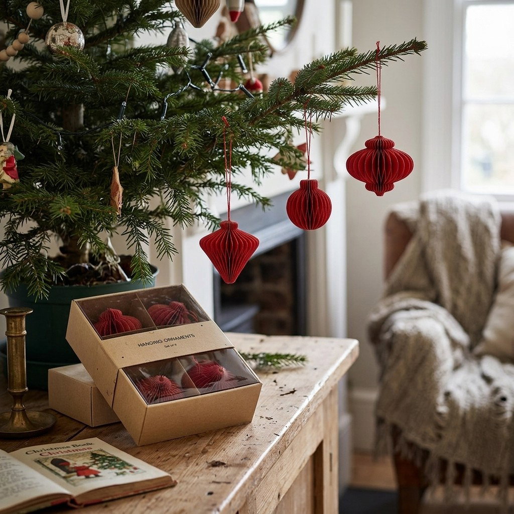 Honeycomb hanger made of paper/cardboard, set of 6, red Ø4cm (W/H/D) 10x13x4cm Hängende Ornament, Rotes Ornament, Papierornament, Christbaumdekoration, Satz aus 6