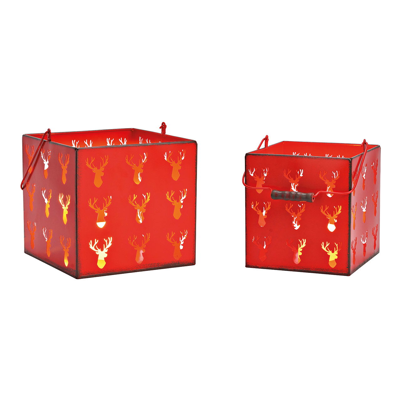 Set de lanternes, décor cerf, set de 2, en métal rouge (L/H/P) 22x24x22cm 18x21x18cm