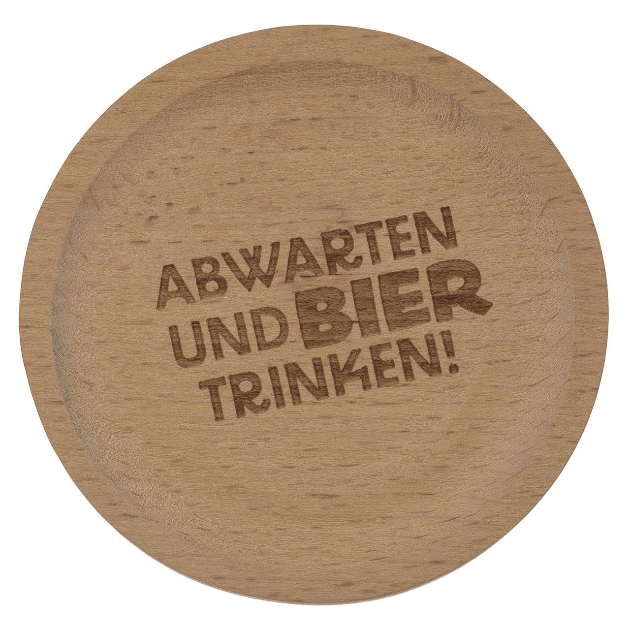 Posavasos con refrán y abrebotellas de madera, cuádruple, natural (ancho/alto/alto) 8x1x8cm 24pzs. en expositor Töpferei