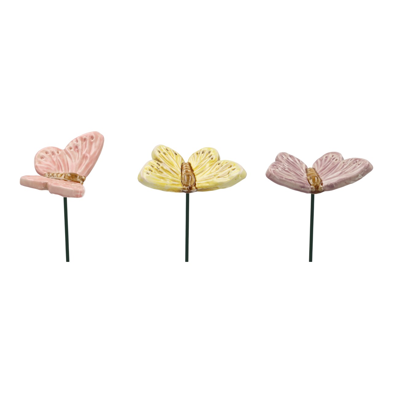 Spina a forma di farfalla in gres, giallo; rosa, assortimento da 3 pezzi (L/A/P) 9x3x6 cm blumenclip, blumenstecker, flügelblume, pastellfarben, dekorstein
