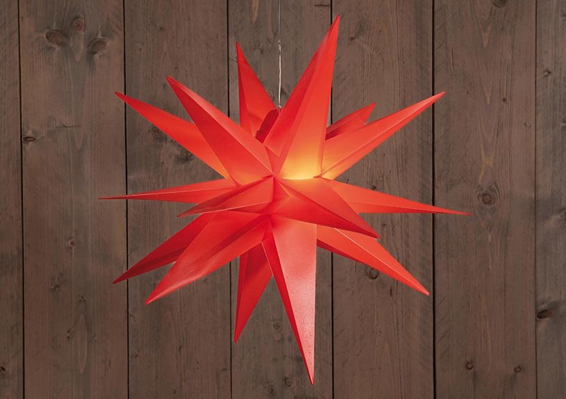 3D Stern Rot 60cm / 10led Warmweiss / 1,5m Transparente Zuleitung / 3xAA 6/18 Timer Ip44