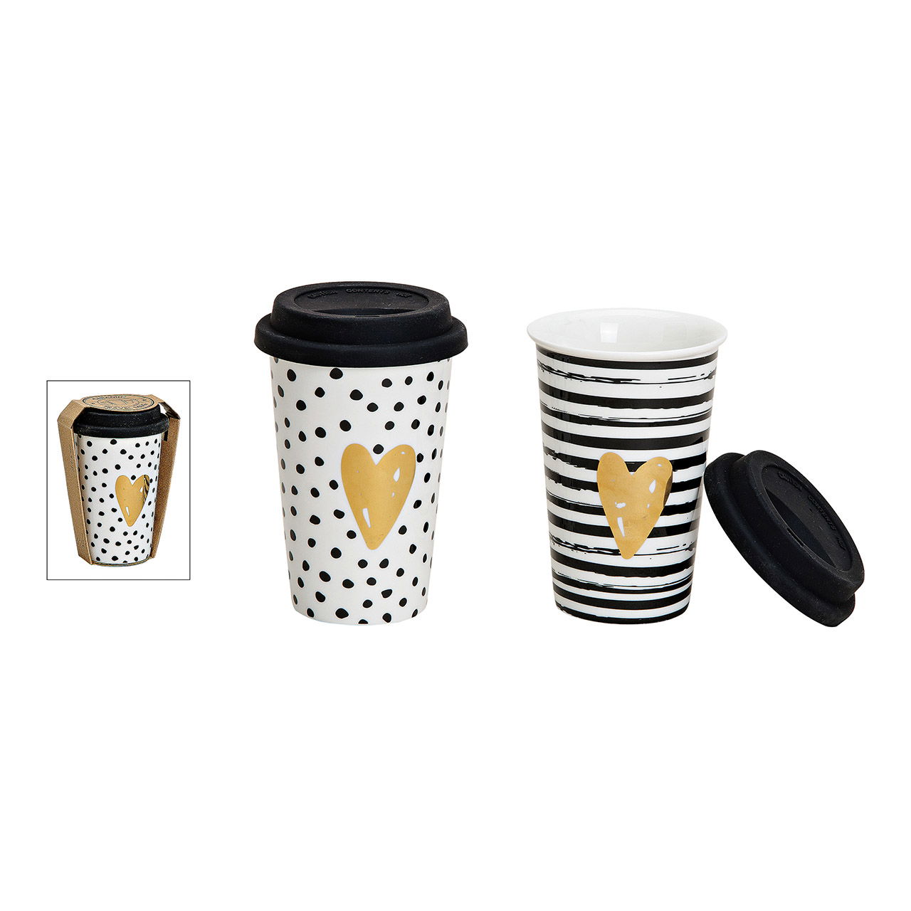 Becher to go Herz Motiv aus Porzellan Weiß/Gold 2-fach, 300ml (B/H/T) 9x14x9cm Becher to go Herz Motiv aus Porzellan Weiß/Gold 2-fach, 300ml (B/H/T) 9x14x9cm