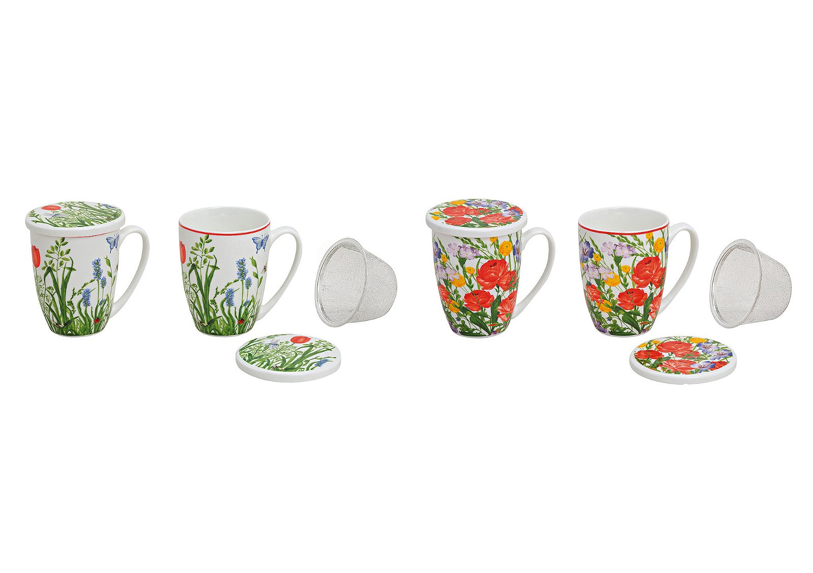Tazza da tè con coperchio e colino, decorazione floreale, 2 assortiti, 11 cm