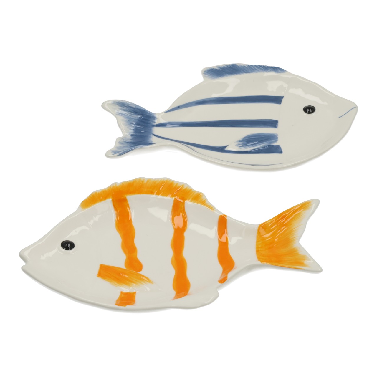 Fischteller, fischförmiger Teller, blaue Streifen, orange Streifen, Keramikplatte